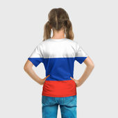 Футболка с принтом Герб России на фоне флага для ребенка, вид на модели сзади №3. Цвет основы: белый