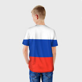 Футболка с принтом Герб России на фоне флага для ребенка, вид на модели сзади №2. Цвет основы: белый