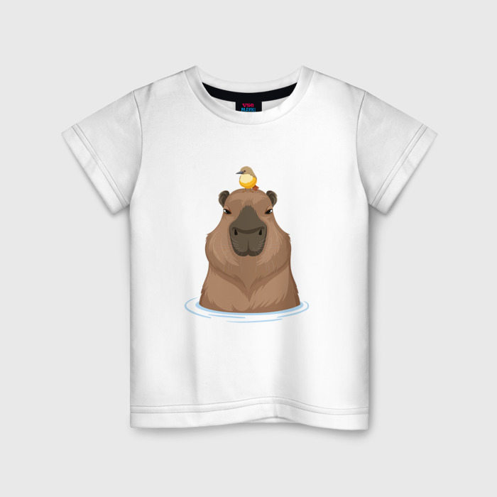 Детская футболка из хлопка с принтом Капибару с птичкой, вид спереди №1