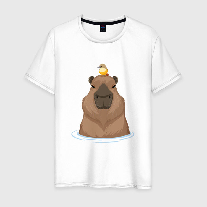 Мужская футболка из хлопка с принтом Капибару с птичкой, вид спереди №1