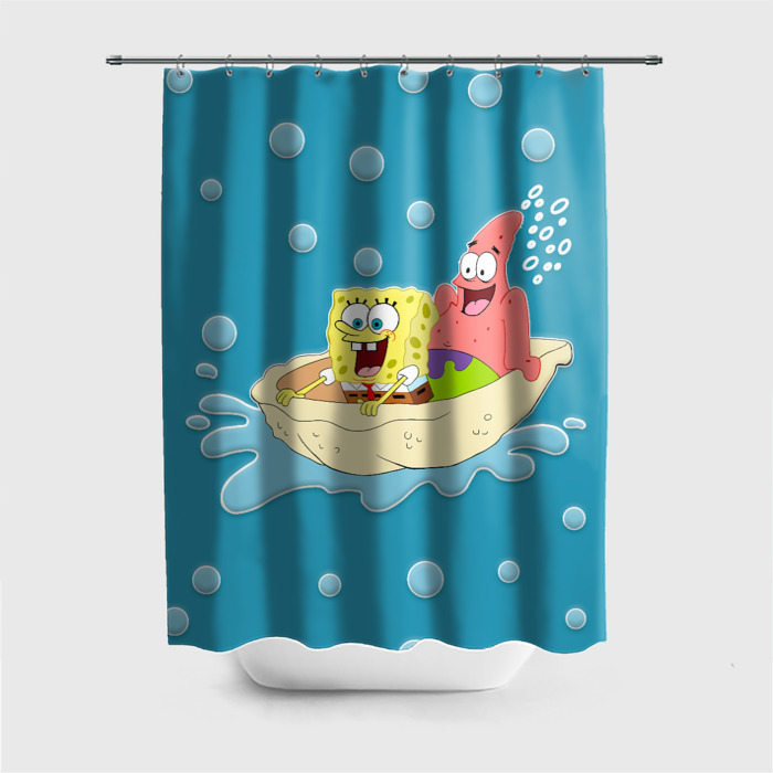 Штора для ванной с принтом Губка Боб — морские приключения, вид спереди №1