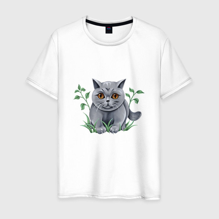 Мужская футболка из хлопка с принтом Британский серый кот в траве, вид спереди №1
