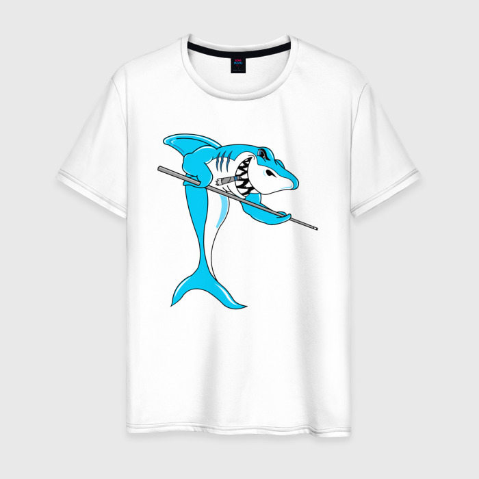 Мужская футболка из хлопка с принтом Акула играет в бильярд, вид спереди №1