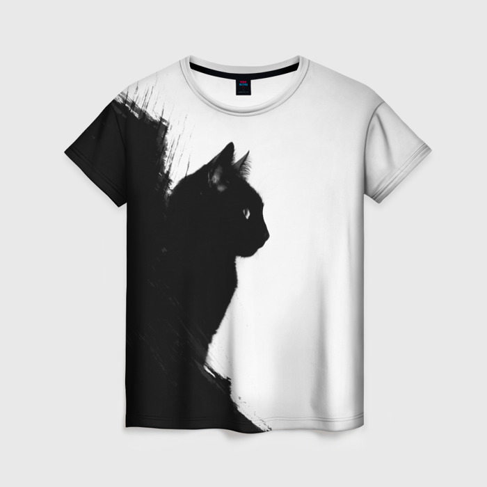 Женская футболка с принтом Черный силуэт кота, вид спереди №1