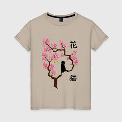 Котик на ветке сакуры – Женская футболка хлопок с принтом купить со скидкой в -20%