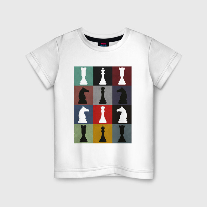 Детская футболка из хлопка с принтом Шахматные фигуры на цветном фоне, вид спереди №1
