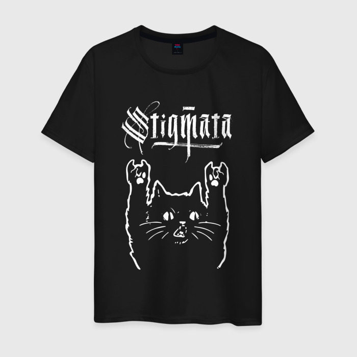 Мужская футболка из хлопка с принтом Stigmata рок кот, вид спереди №1