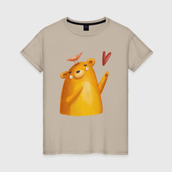 Влюбленный мишка с птичкой – Женская футболка хлопок с принтом купить со скидкой в -20%