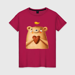 Медвежонок с птичкой и сердечком – Женская футболка хлопок с принтом купить