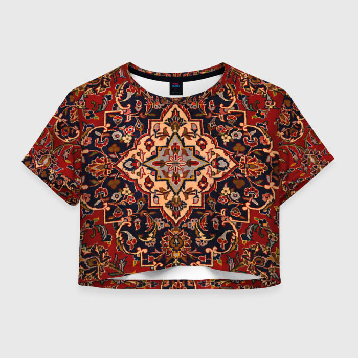Женская футболка Crop-top с принтом Советский бабушкин ретро ковёр с узорами текстура, вид спереди №1
