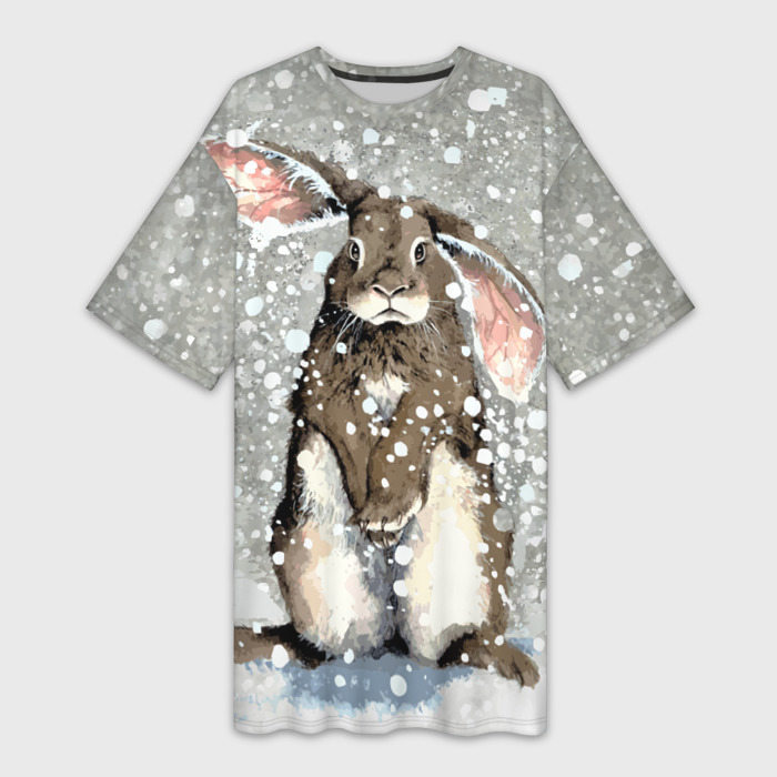 Платье-футболка с принтом Кролик Снежок Милый, вид спереди №1