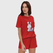 Женская пижама с шортиками из хлопка с принтом Кролик с ноутбуком для любого человека, вид спереди №2. Цвет основы: красный