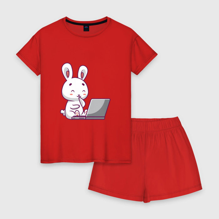 Женская пижама с шортиками из хлопка с принтом Кролик с ноутбуком для любого человека, вид спереди №1. Цвет основы: красный