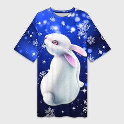 Белый кролик в снежинках – Платье-футболка 3D с принтом купить