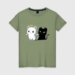 Котёнок - ангел или демон? – Женская футболка хлопок с принтом купить со скидкой в -20%