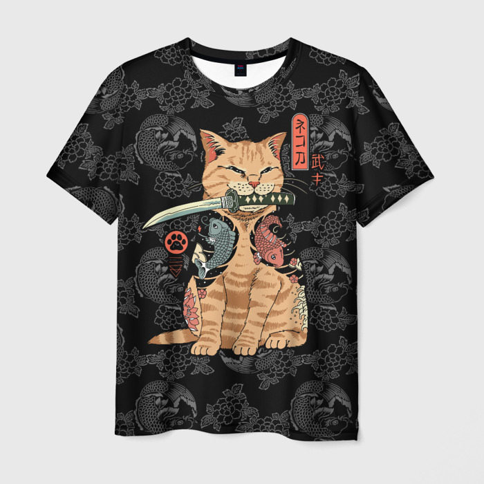 Мужская футболка с принтом Кот самурай — Якудза, вид спереди №1
