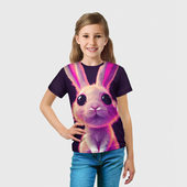 Футболка с принтом Кролик 3Д арт для ребенка, вид на модели спереди №3. Цвет основы: белый