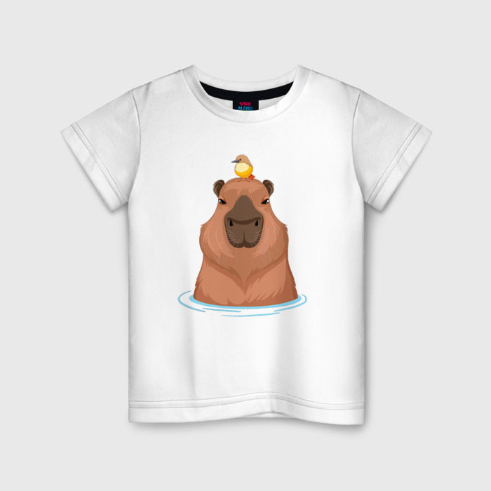 Детская футболка из хлопка с принтом Капибара и птичка, вид спереди №1