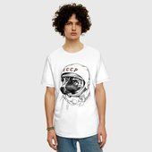 Футболка с принтом Лайка собака космонавт СССР для мужчины, вид на модели спереди №2. Цвет основы: белый