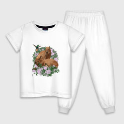 Коллаж капибара с розами и листьями – Детская пижама хлопок с принтом купить со скидкой в -9%