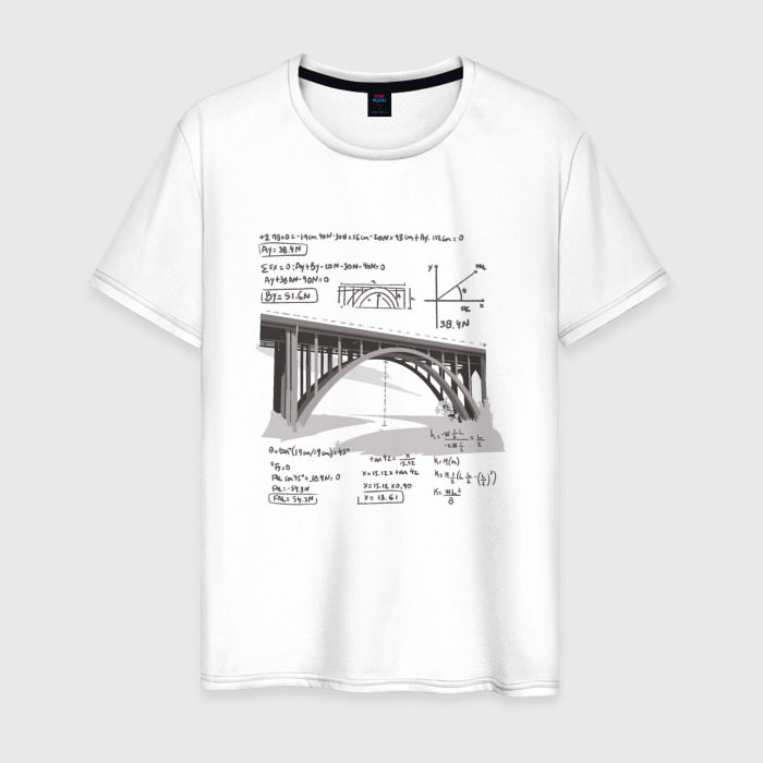 Мужская футболка из хлопка с принтом Мост и математические формулы, вид спереди №1