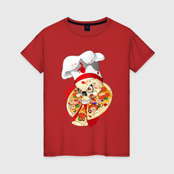 Череп-повар и пицца – Женская футболка хлопок с принтом купить со скидкой в -20%