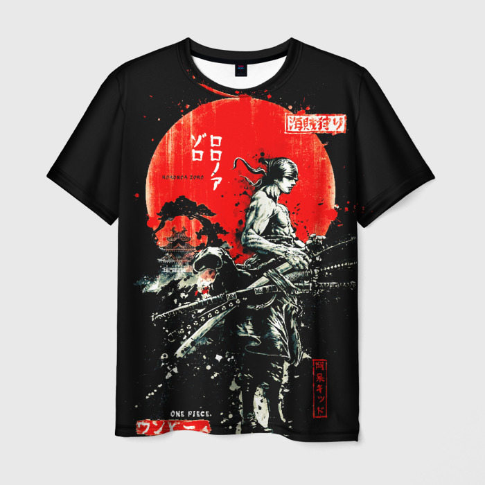 Мужская футболка с принтом Ван пис Зоро самурай на черном фоне, вид спереди №1