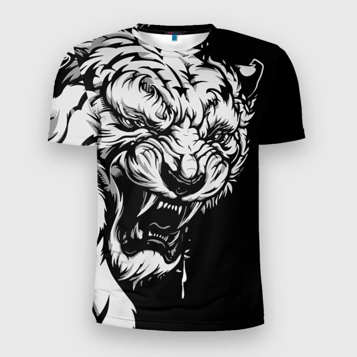 Мужская приталенная футболка с принтом Тигр: свирепый и кровожадный, вид спереди №1