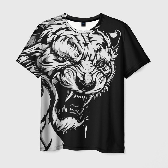 Мужская футболка с принтом Тигр: свирепый и кровожадный, вид спереди №1