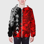 Куртка с принтом Драконы и цветы для мужчины, вид на модели спереди №3. Цвет основы: белый