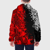 Куртка с принтом Драконы и цветы для мужчины, вид на модели сзади №2. Цвет основы: белый