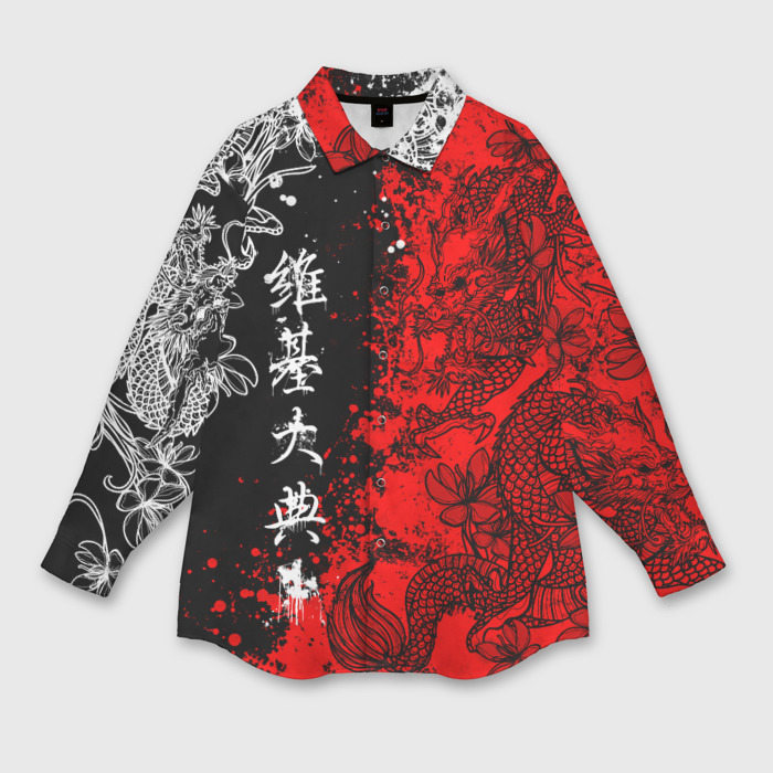 Мужская рубашка оверсайз с принтом Драконы и цветы, вид спереди №1