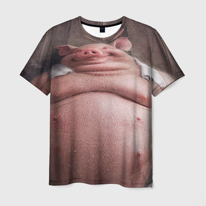 Мужская футболка с принтом Свинья сидит в сауне кайфует, вид спереди №1