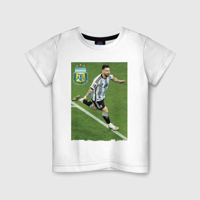 Детская футболка из хлопка с принтом Argentina — Lionel Messi — world champion, вид спереди №1