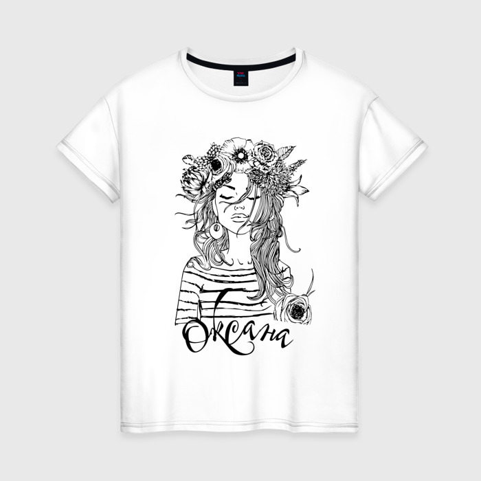 Женская футболка из хлопка с принтом Оксана в венке из летних цветов, вид спереди №1