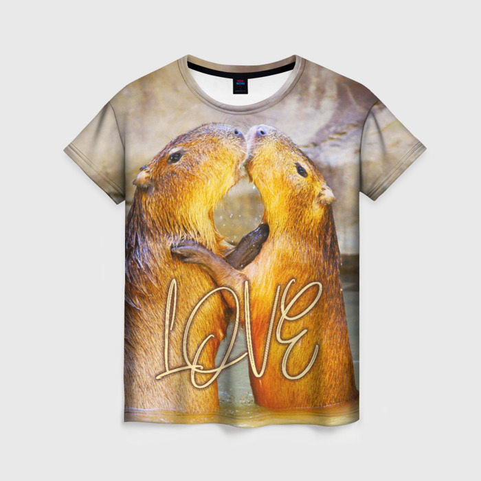 Женская футболка с принтом Влюблённые капибары, вид спереди №1