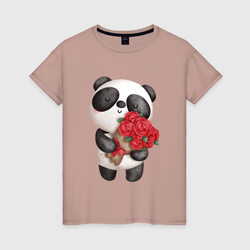 Панда с букетом цветов – Женская футболка хлопок с принтом купить со скидкой в -20%
