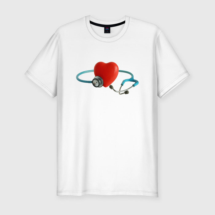 Мужская приталенная футболка из хлопка с принтом Здоровое сердце — стетоскоп, вид спереди №1