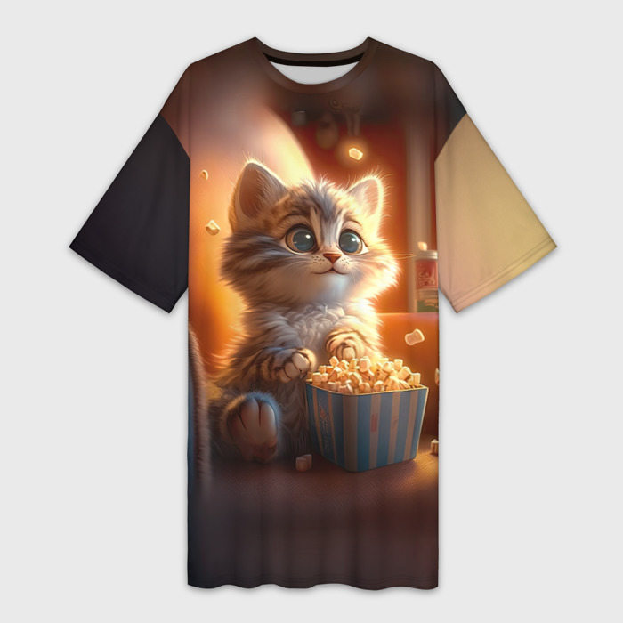 Платье-футболка с принтом Котик с попкорном, вид спереди №1