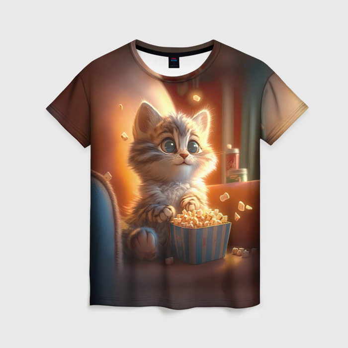 Женская футболка с принтом Котик с попкорном, вид спереди №1