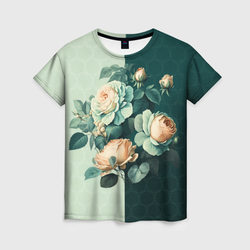 Розы на зеленом фоне – Женская футболка 3D с принтом купить со скидкой в -31%
