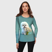 Лонгслив с принтом Белая собака милаха для женщины, вид на модели спереди №2. Цвет основы: белый