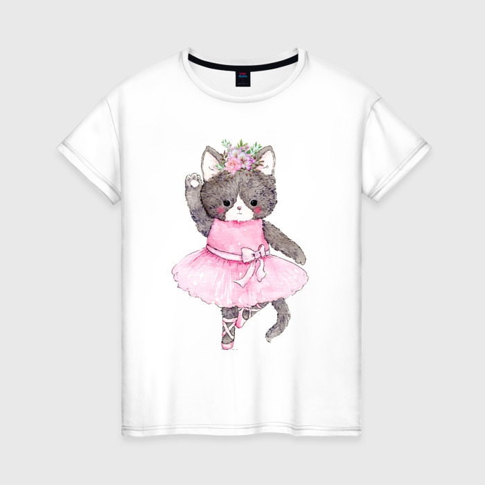 Женская футболка из хлопка с принтом Милые Животные Кошка Балерина Акварель, вид спереди №1
