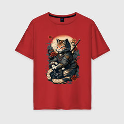Женская футболка хлопок Oversize Самурай кот со скидкой в -16%