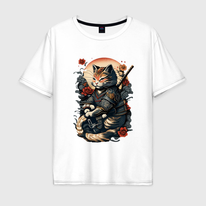 Мужская футболка из хлопка оверсайз с принтом самурай кот, вид спереди №1