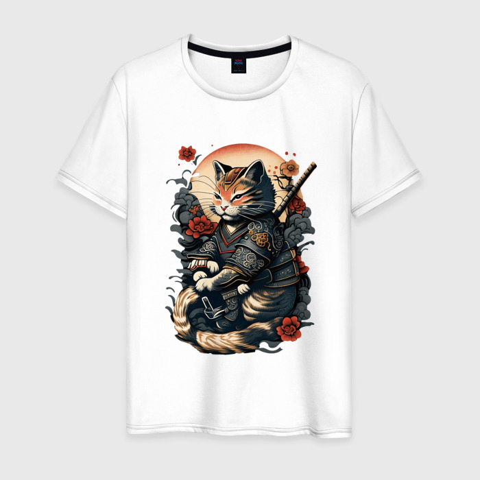 Мужская футболка из хлопка с принтом самурай кот, вид спереди №1