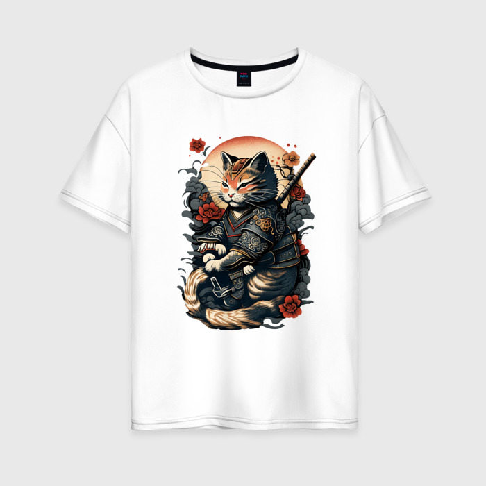 Женская футболка из хлопка оверсайз с принтом самурай кот, вид спереди №1