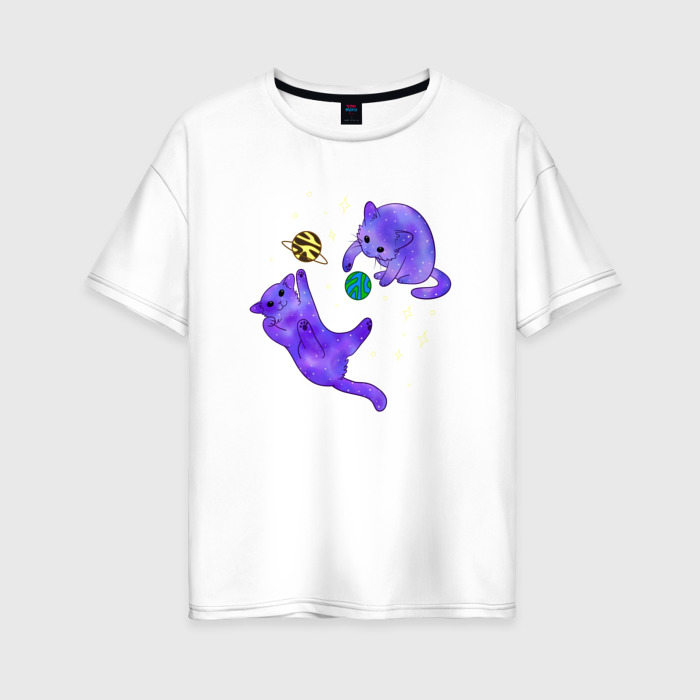 Женская футболка из хлопка оверсайз с принтом Космические коты, играющие планетами, вид спереди №1