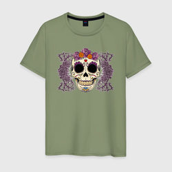 Мексиканский череп и фиолетовый розы – Мужская футболка хлопок с принтом купить со скидкой в -20%