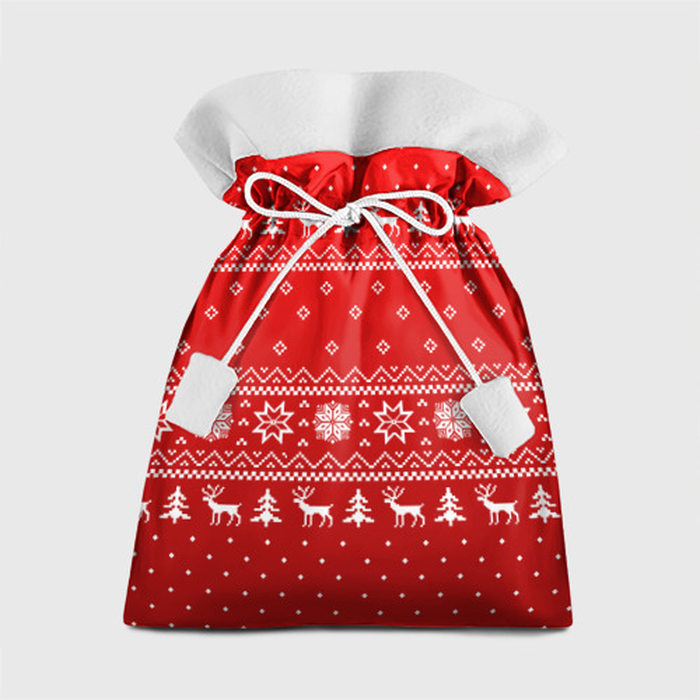 Подарочный мешок с принтом Красный свитер с оленями, вид спереди №1